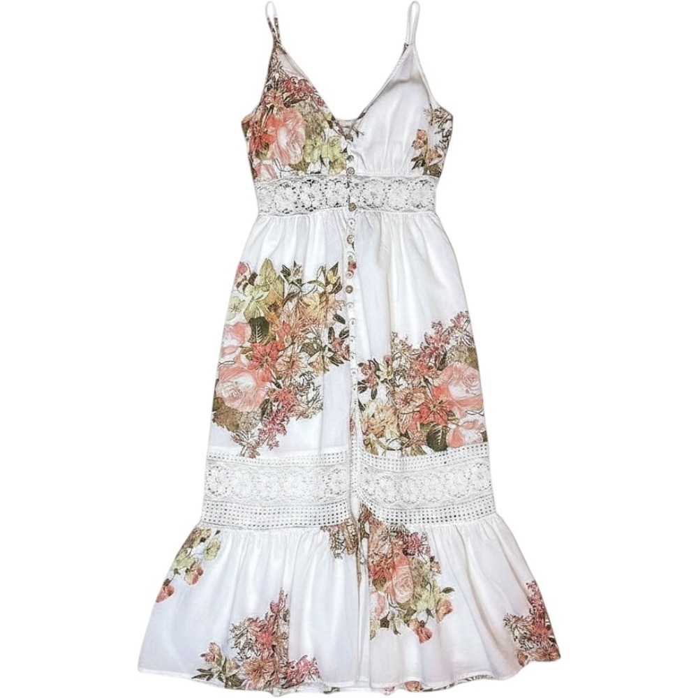 Morning Mist Floral Lace Midi Dress White Pink Boho Button Front Smocked Size 6